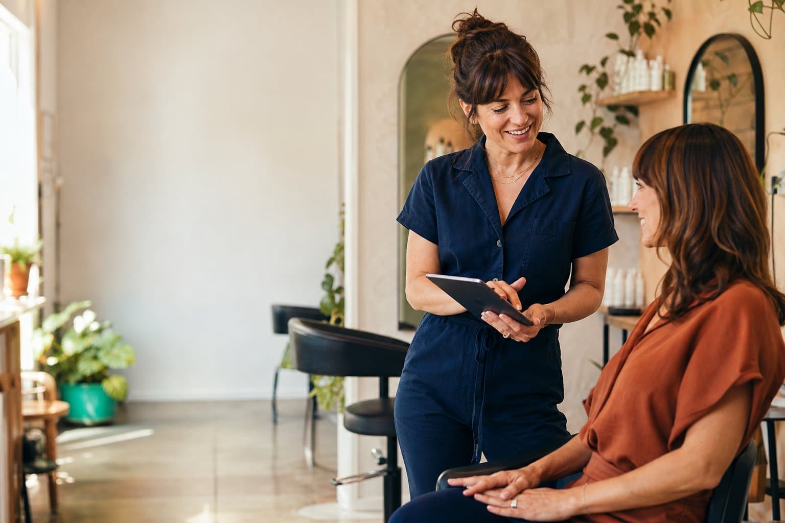 An independent salon owner working with a client